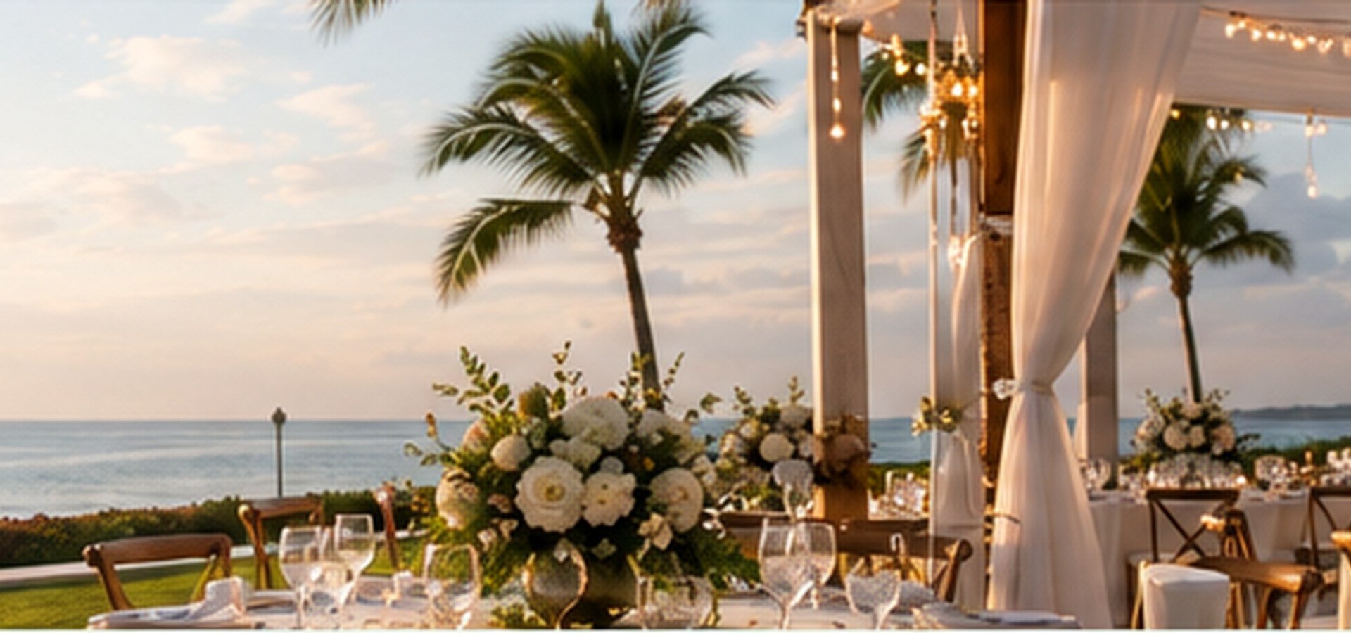 Elegant oceanfront event reception venue with palm trees and coastal views