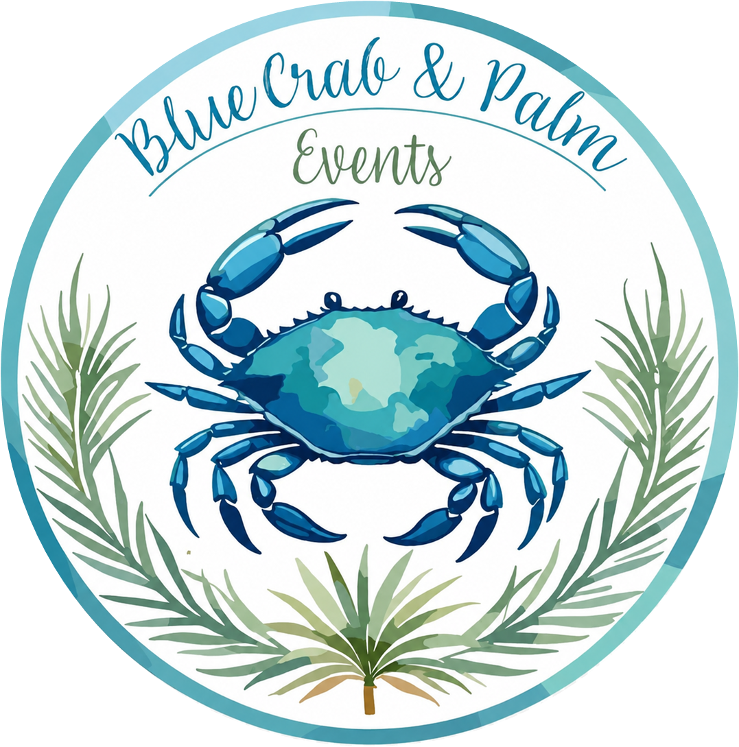 Blue Crab & Palm Events seal logo